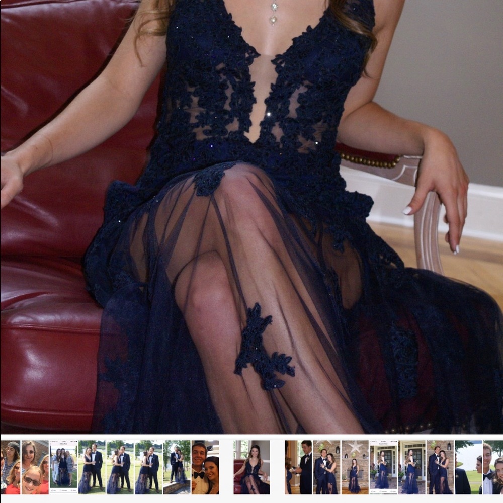 LeFemme navy lace prom dress with sparkle